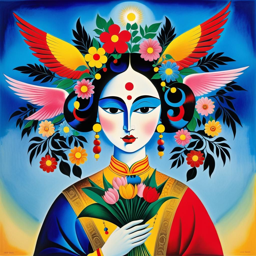 Dreamlike Portrait with Botanical Art Deco Elements