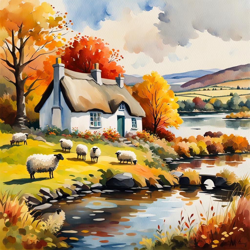 Irish Cottage by Lake: Watercolor Gouache Painting