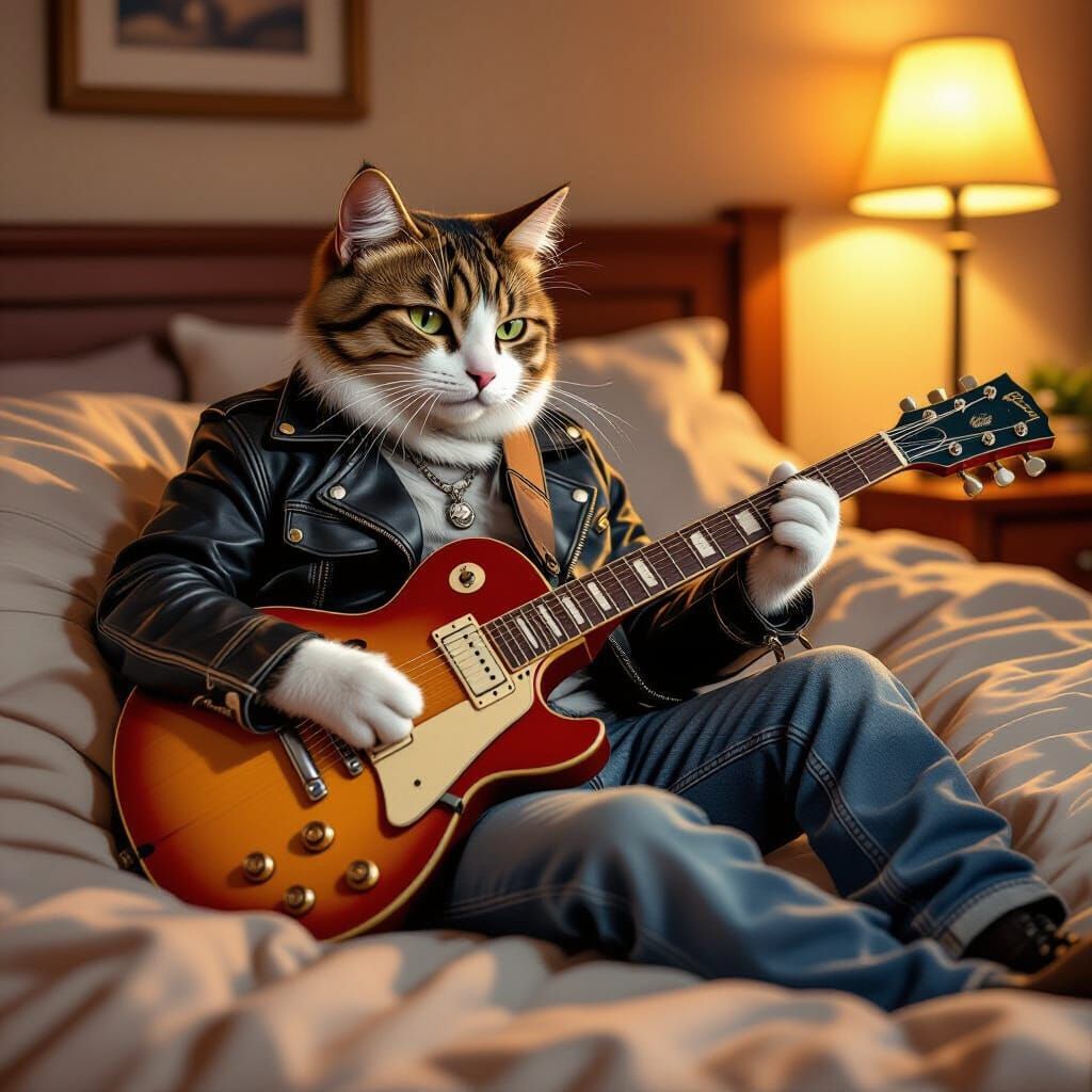 Cat Plays Guitar in Thorp, Stalenhag and Loish Style