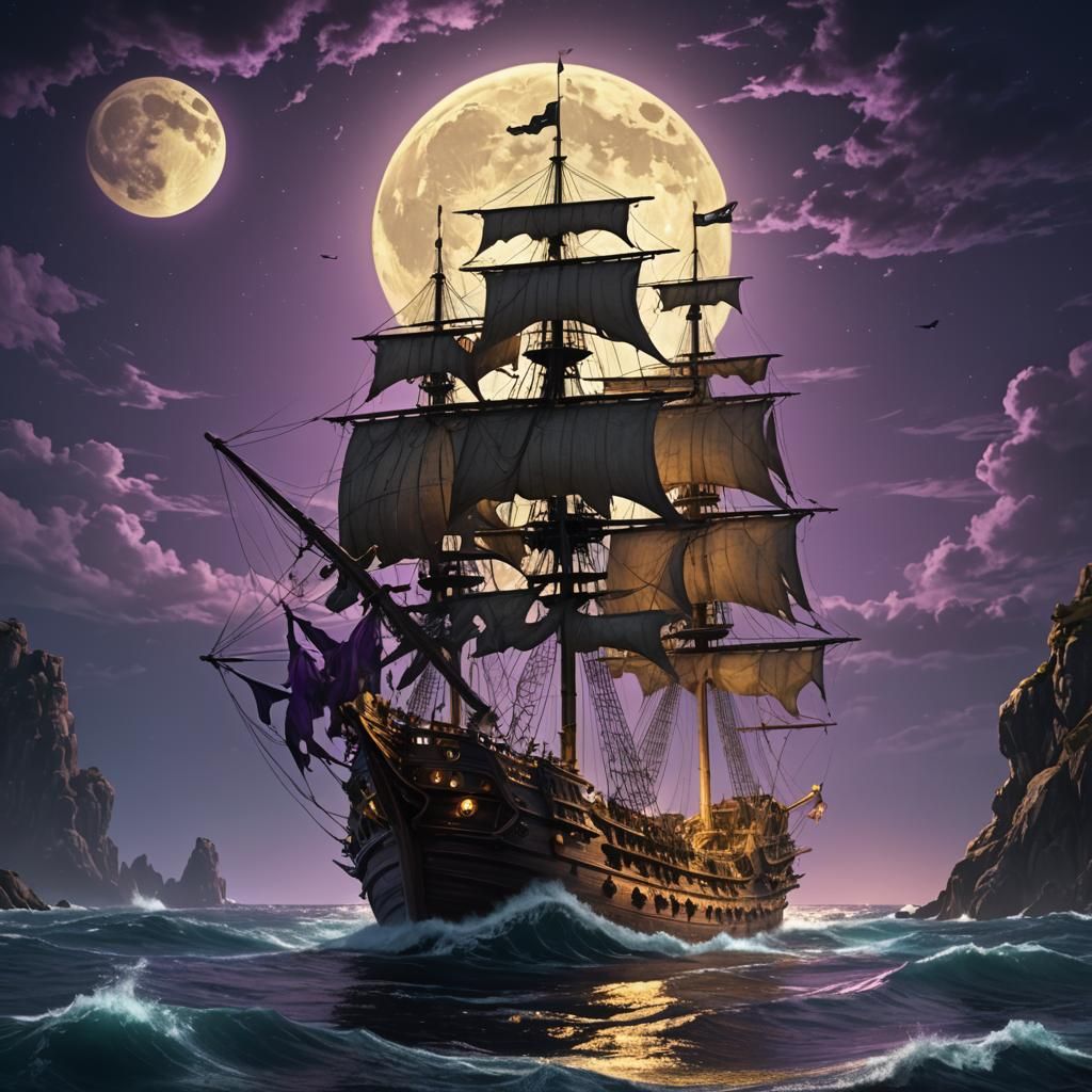 Werewolf Pirate Ship at Night: Dark Fantasy Art