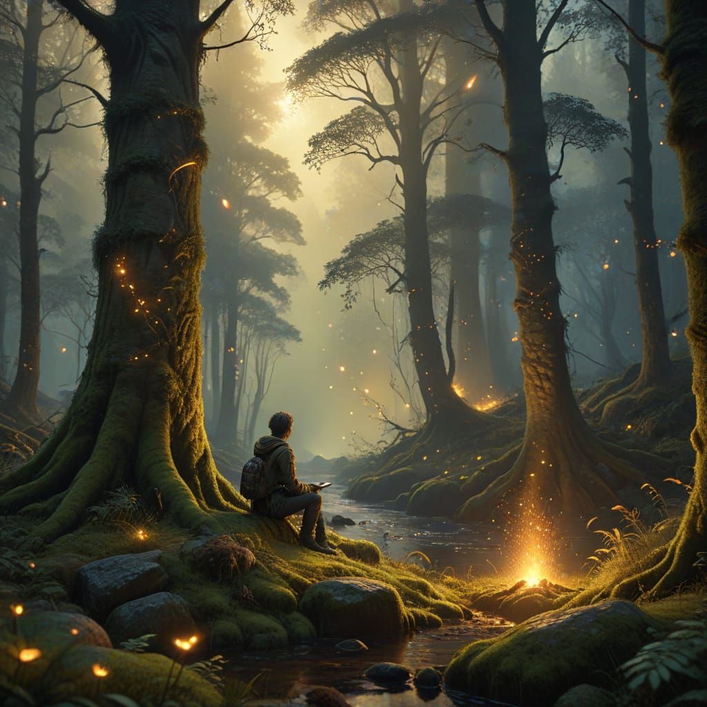 Serene Forest Escape: Solitary Haven in Warm Golden Light