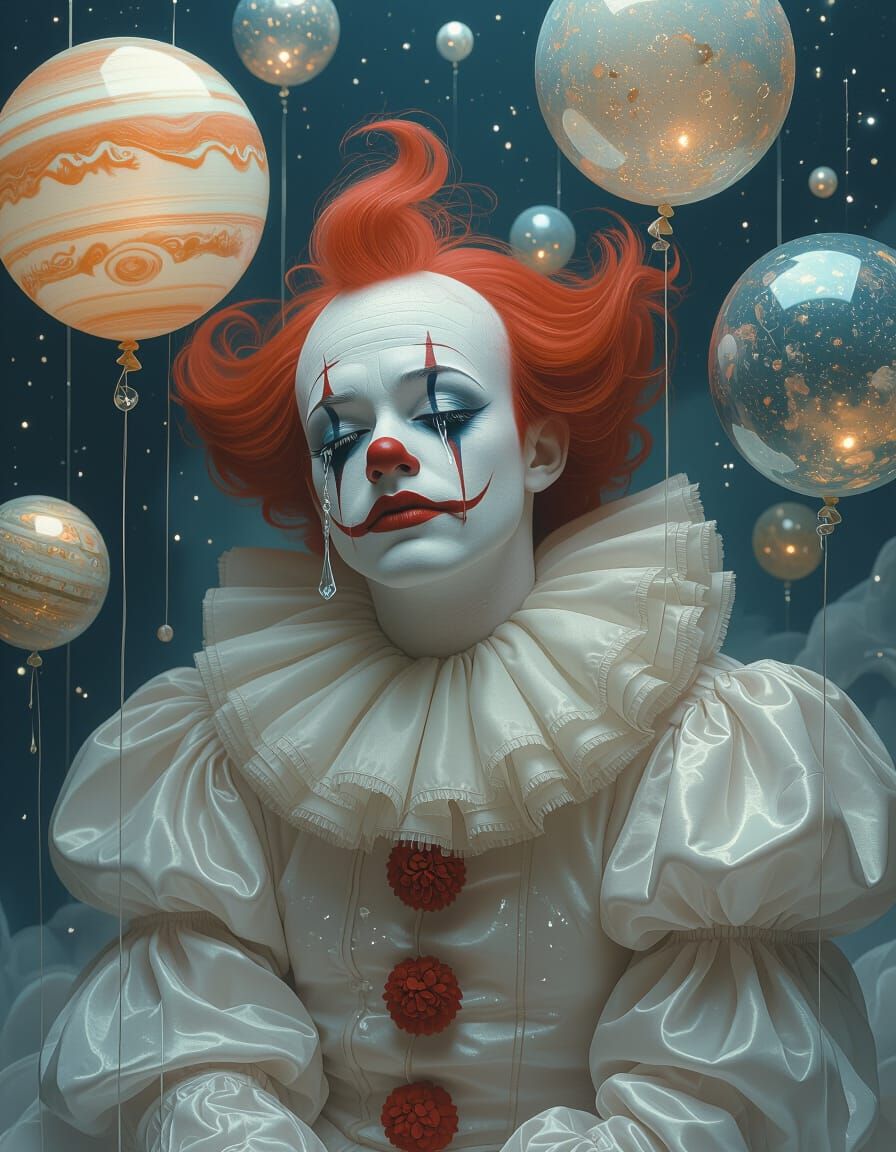 Surreal Clown with Crystal Tears and Planet Balloons