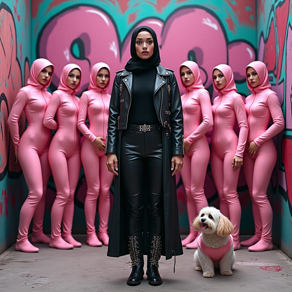 Leather Clad Woman Teaching Class in Graffiti Cityscape