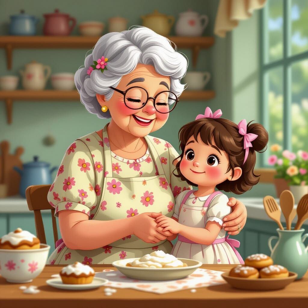 Charming Grandma and Girl in Disney Cartoon Style