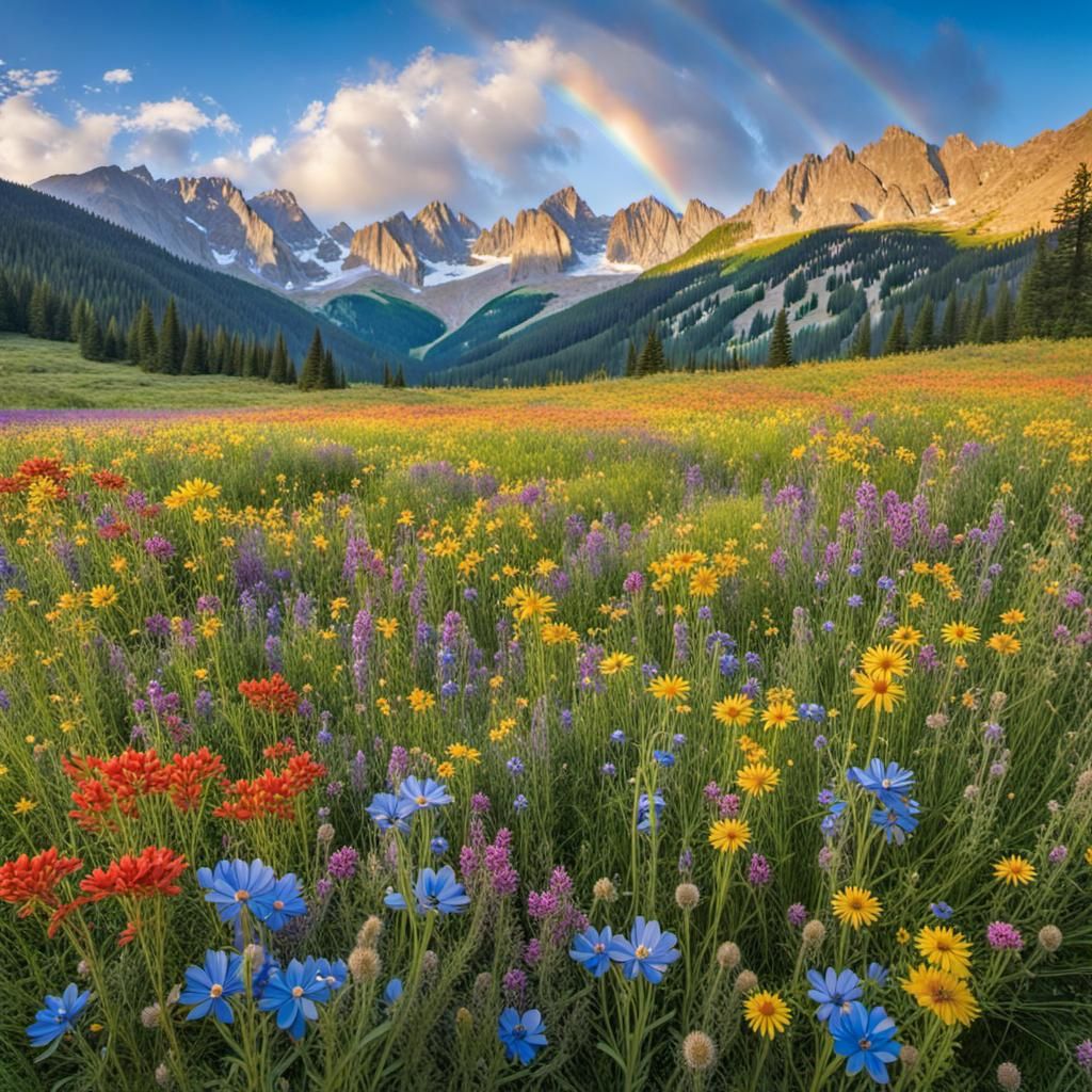 Sun-Drenched Wildflower Meadow with Mountain Backdrop