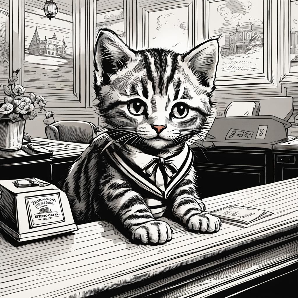 Tabby Kitten in Sailor Suit, Tenniel-Inspired Drawing
