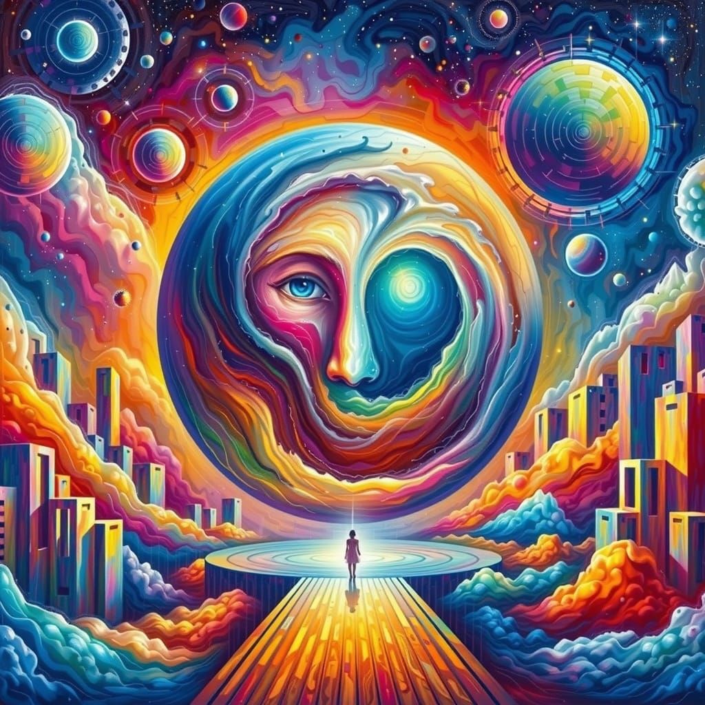 Vibrant Neon Landscape with Fractal Sun Goddess