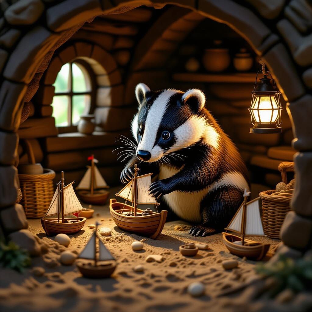 Badger Crafts Miniature Ships in Cozy Burrow
