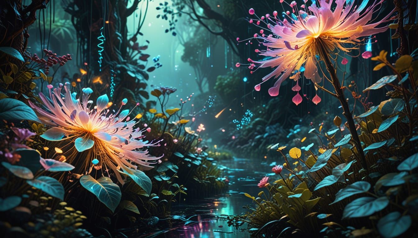Cyber-Organic Digital Garden in Vivid Digital Art