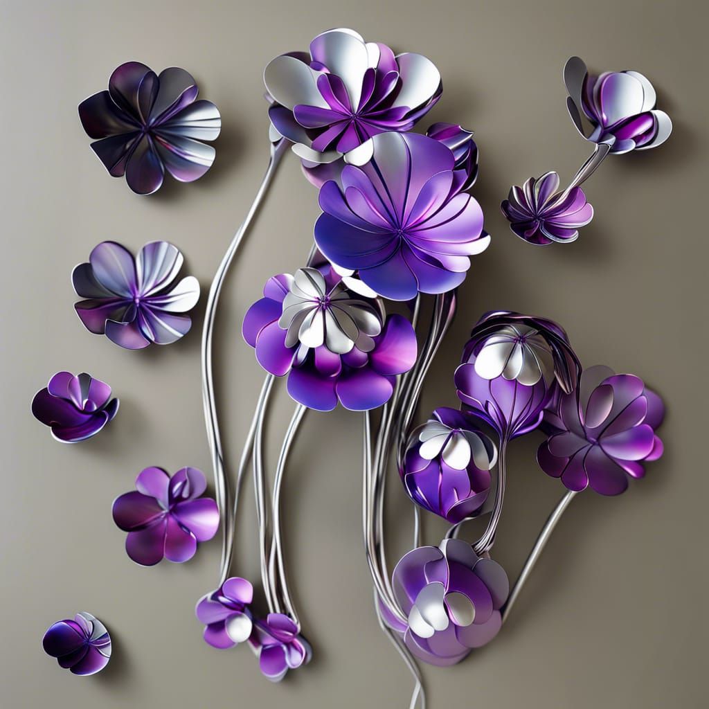 High-Tech Metal Flowers in Sci-Fi Room, Hyperrealistic Photo...