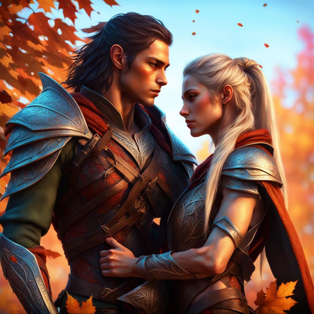 Elven Assassin Teens Embrace in Autumnal Landscape