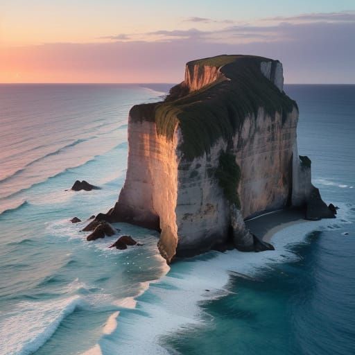 A panoramic view of a rugged coastline during sunset