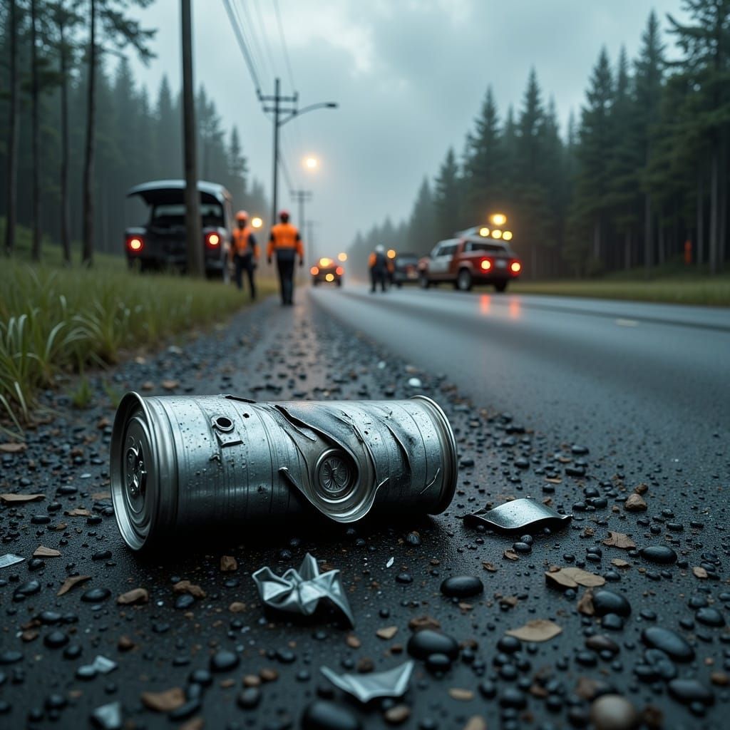 Wrecked Car and Beer Can on Rural Road