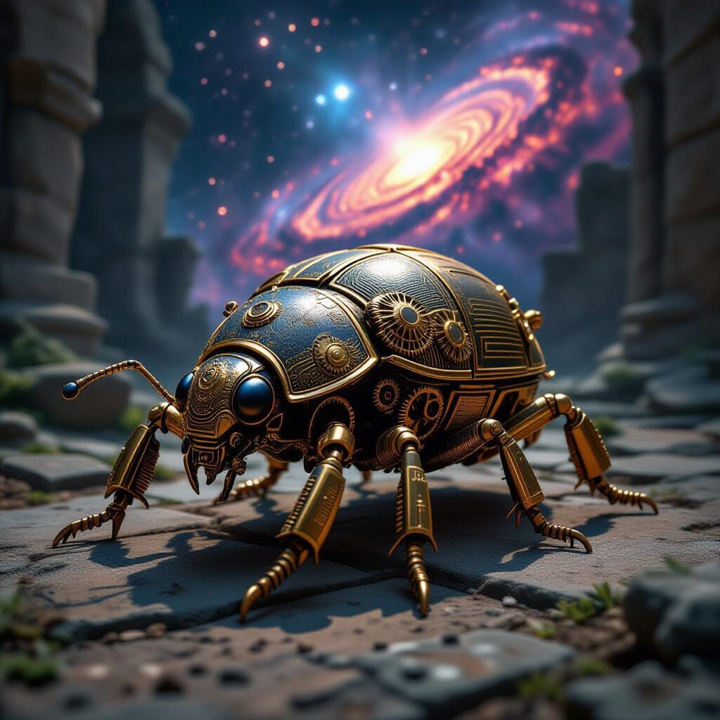 Clockwork Scarab Beetle in Cosmic Nebula, Steampunk Style