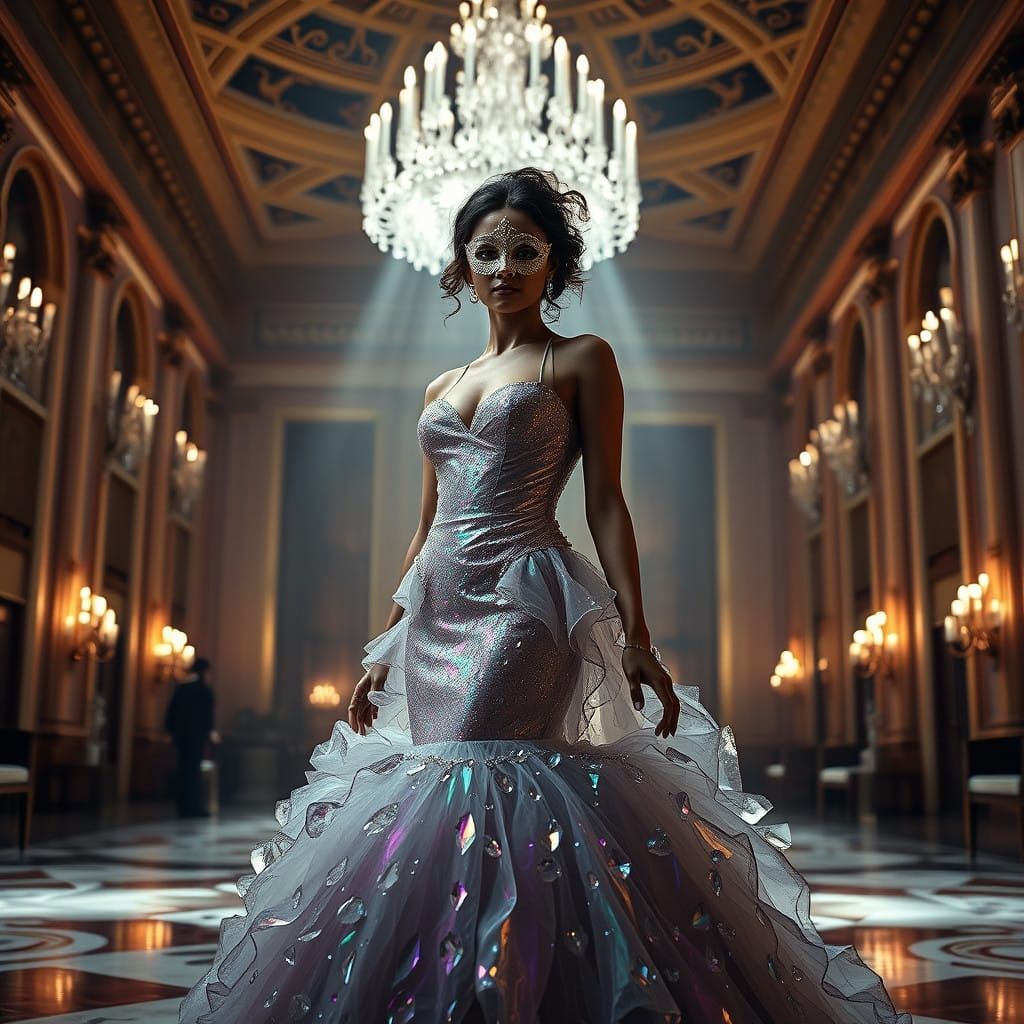 Woman in Enchanted Crystalline Ballgown, Moody Atmospheric L...