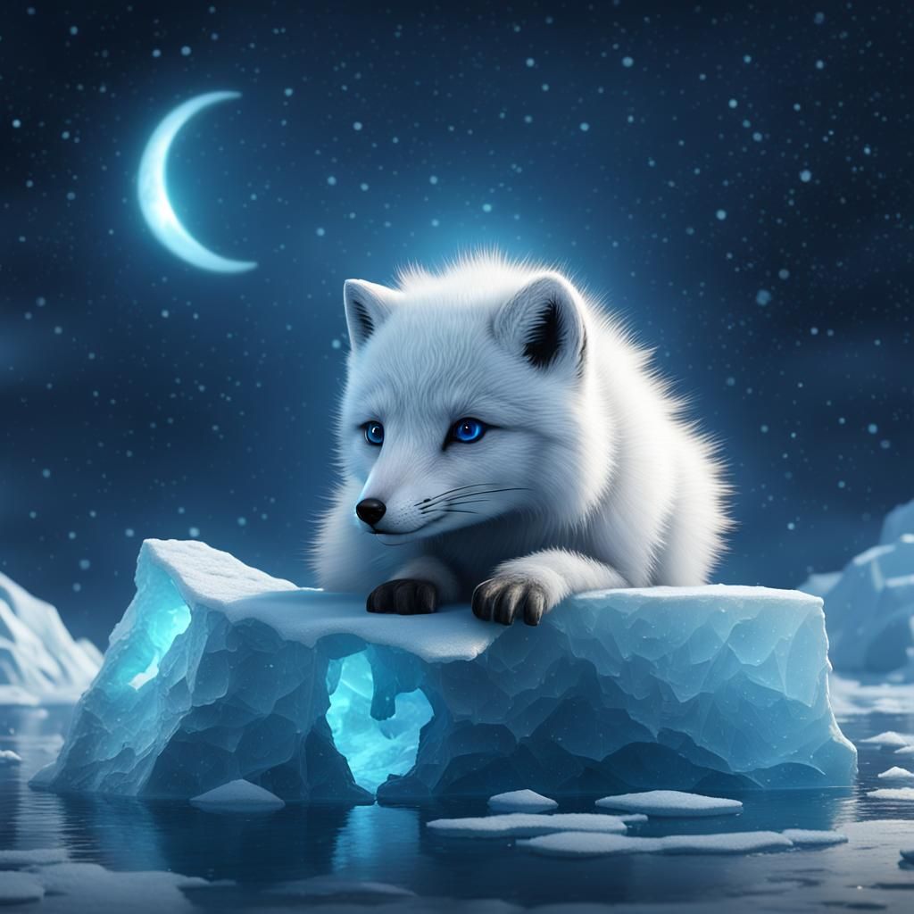 Arctic Fox Cub on Iceberg Under Crescent Moon