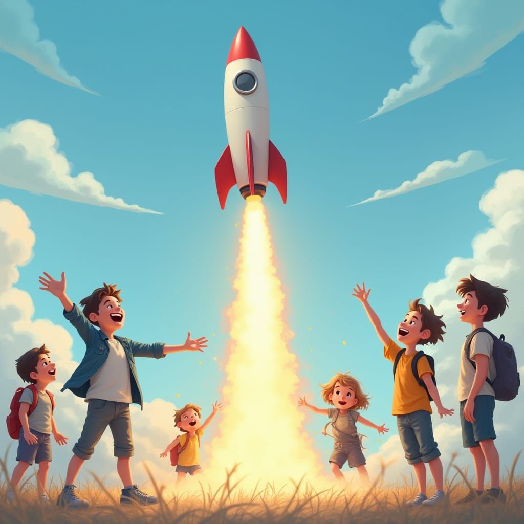 Children Launching Model Rocket in Realistic Style