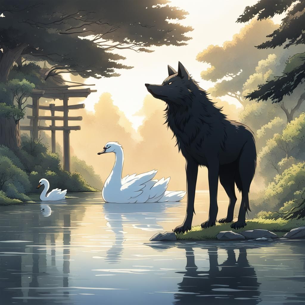 Black Wolf and White Swan in Ghibli Anime Style