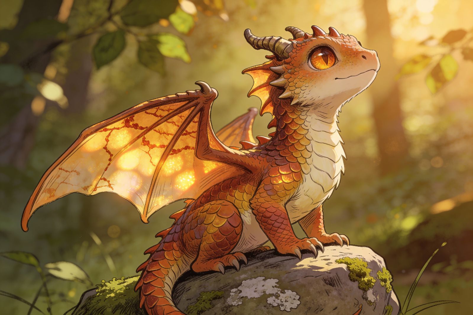 Whimsical Young Dragon in Sun-Dappled Forest Glade