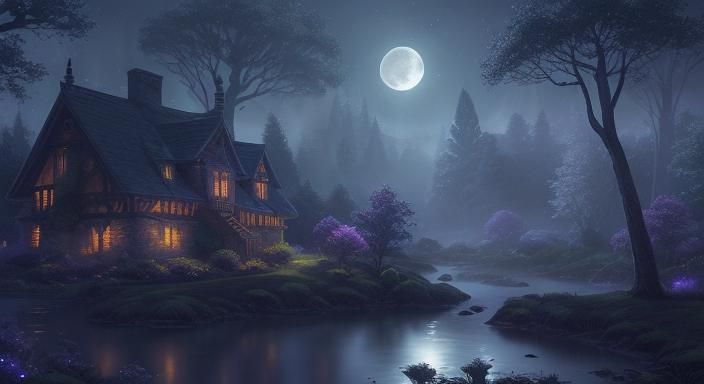 Enchanting Village Under Moonlight: Ethereal Fantasy Art