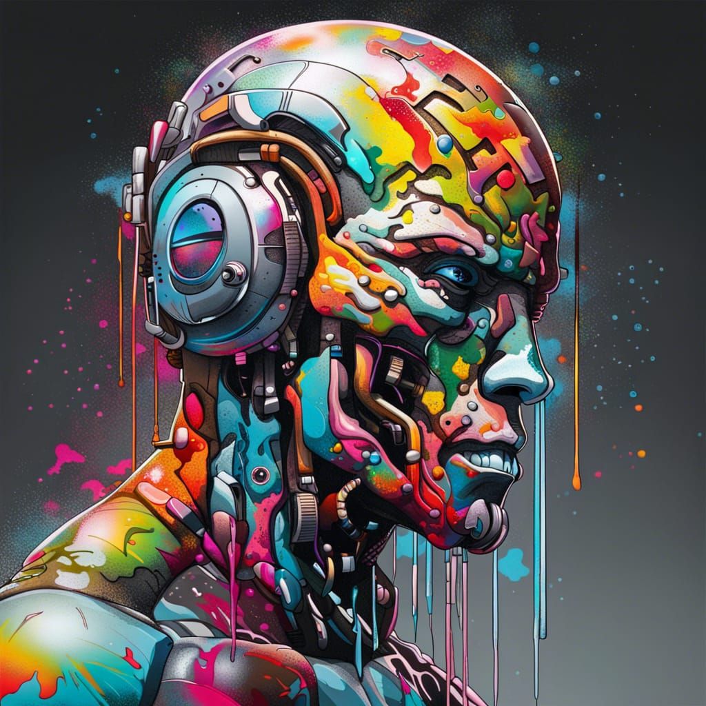 Cyborg Man Head in Graffiti Splash Art