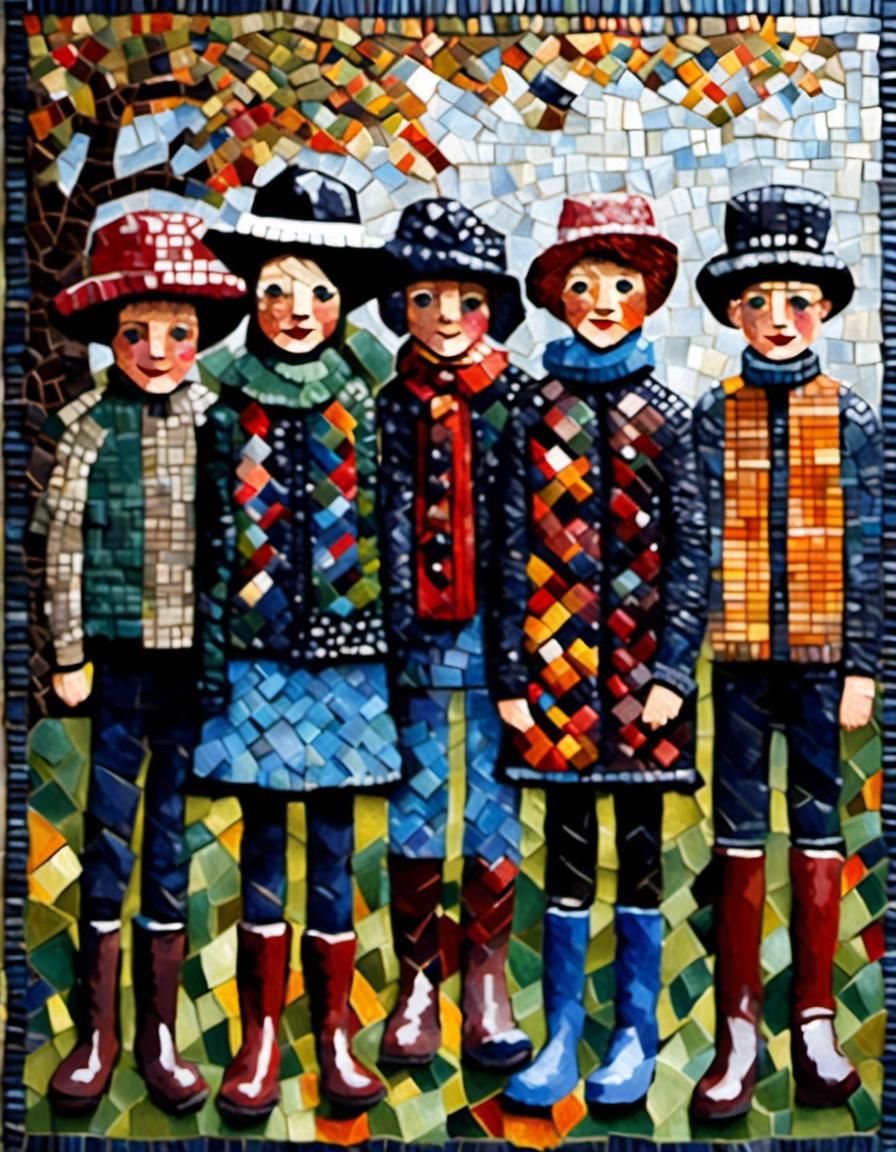 Playful Children Frolicking in Rainy Garden Mosaic