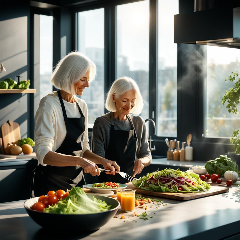 Sunlit Kitchen Scene with Woman and Child
