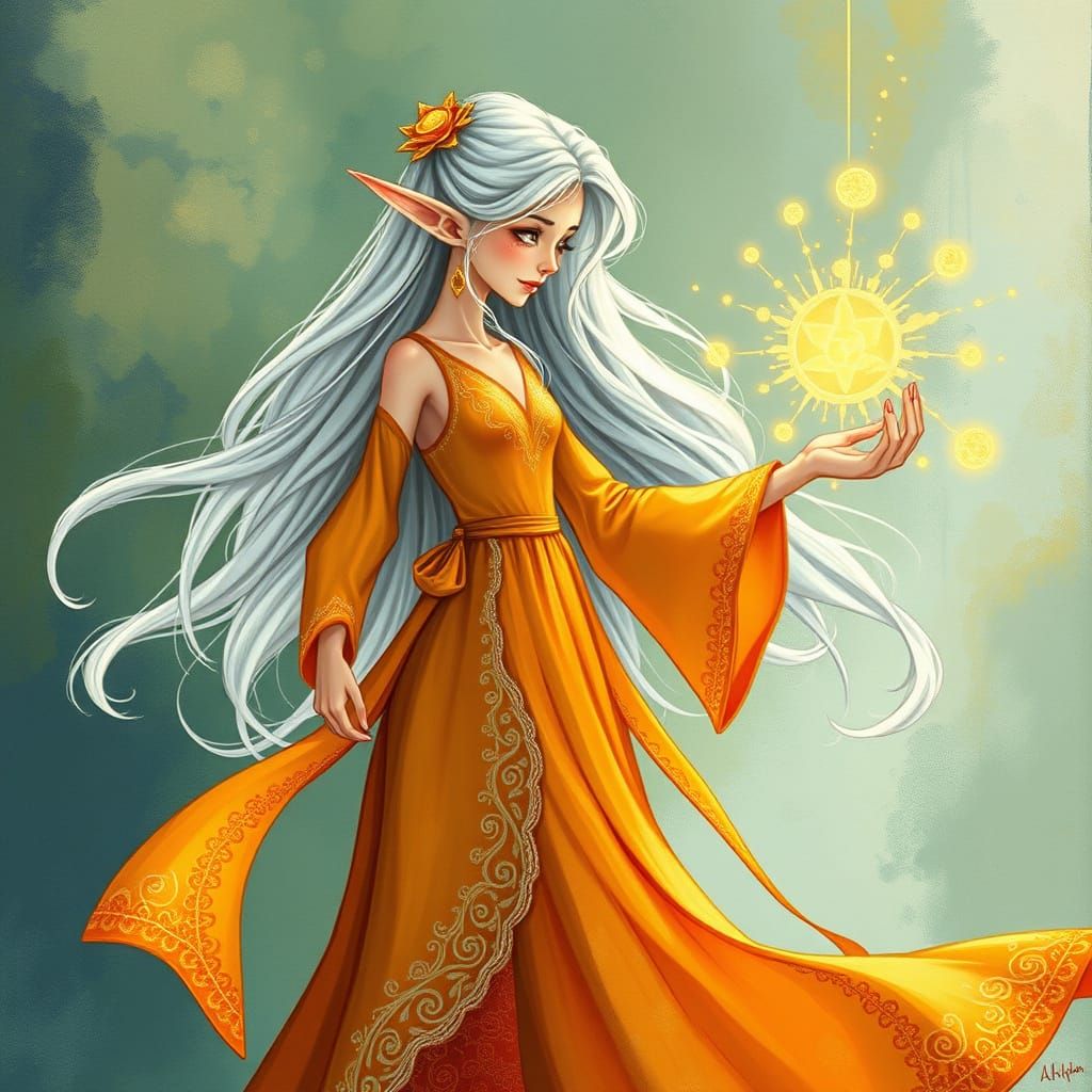 Whimsical Female Elf Sorceress in Vibrant Orange Attire