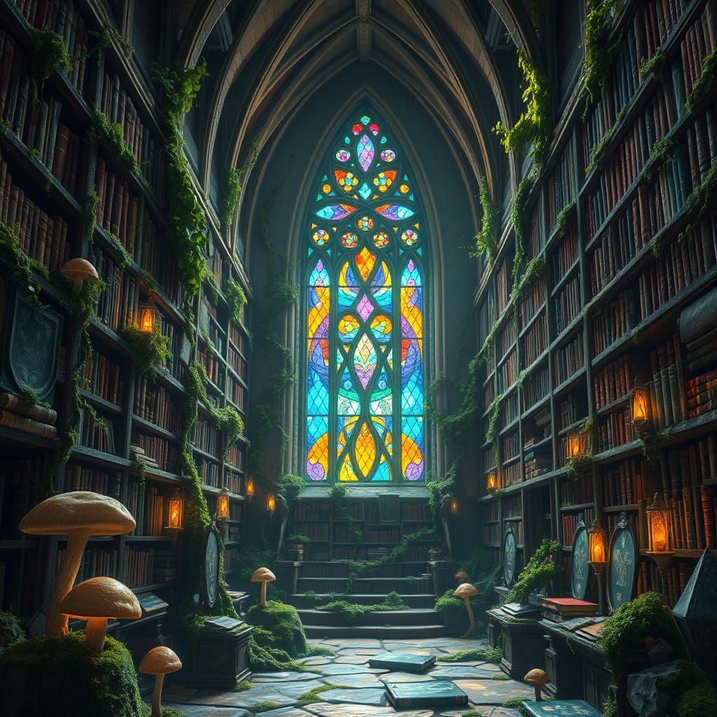 Whimsical Ancient Library in Vibrant Colors and Textures