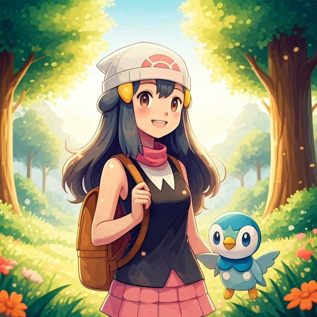 Dawn and Piplup in Lush Meadow, Watercolor Style