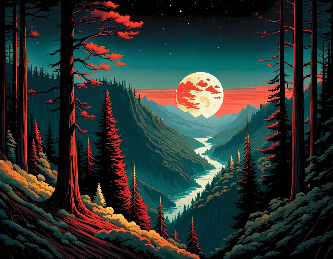 Moon Crumbles Over Redwood Horizon, Illustrative Art