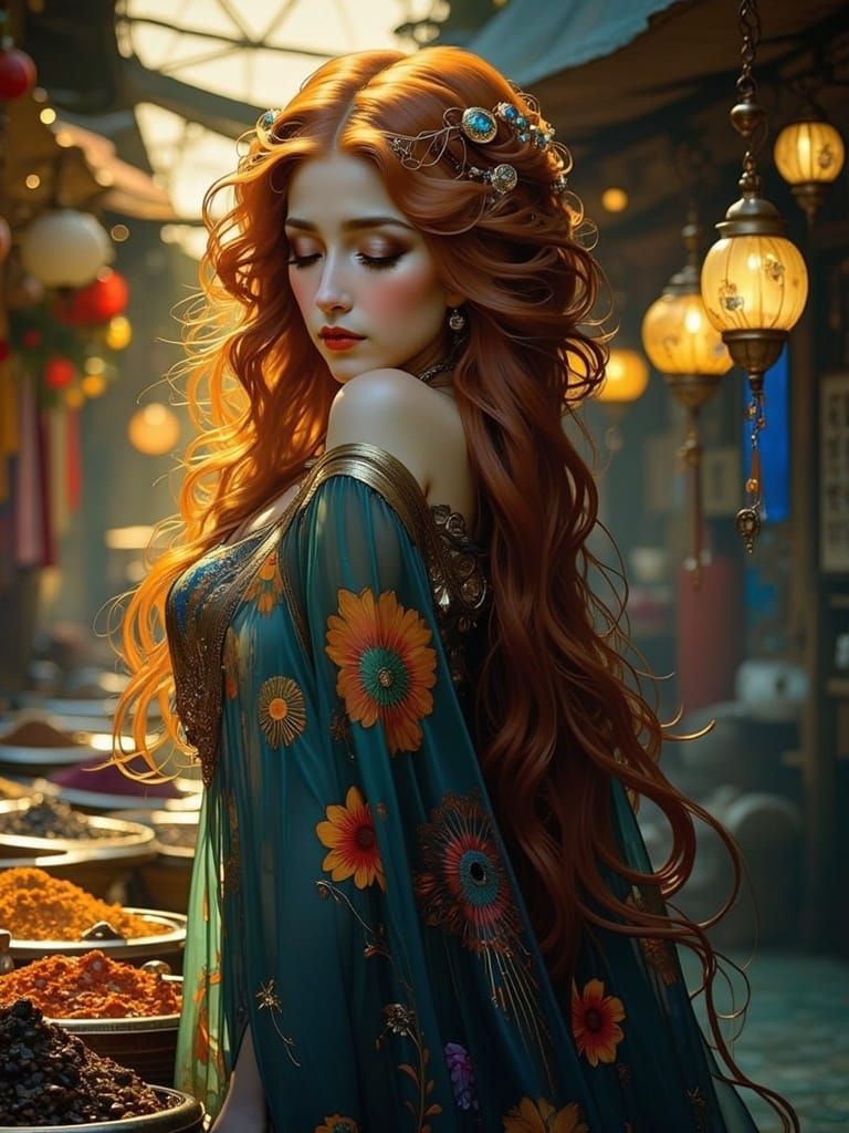 Ethereal Art Nouveau Goddess Surrounded by Whirlwind of Colo...