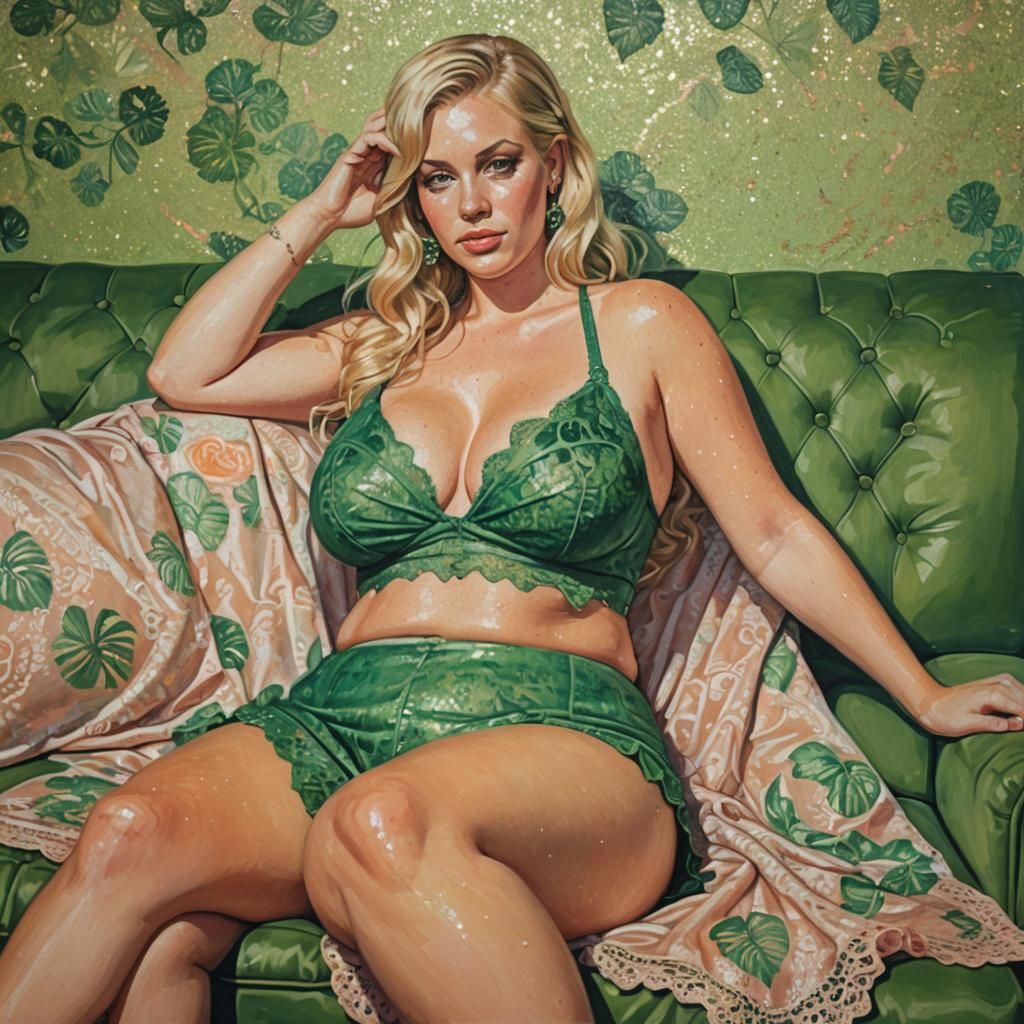 Blonde Woman in Bikini Lounging, Oil Painting