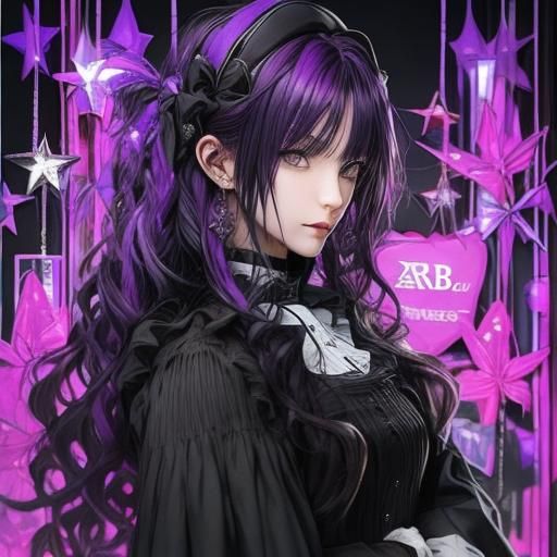Girl with Black and Purple Hair in Anime Style
