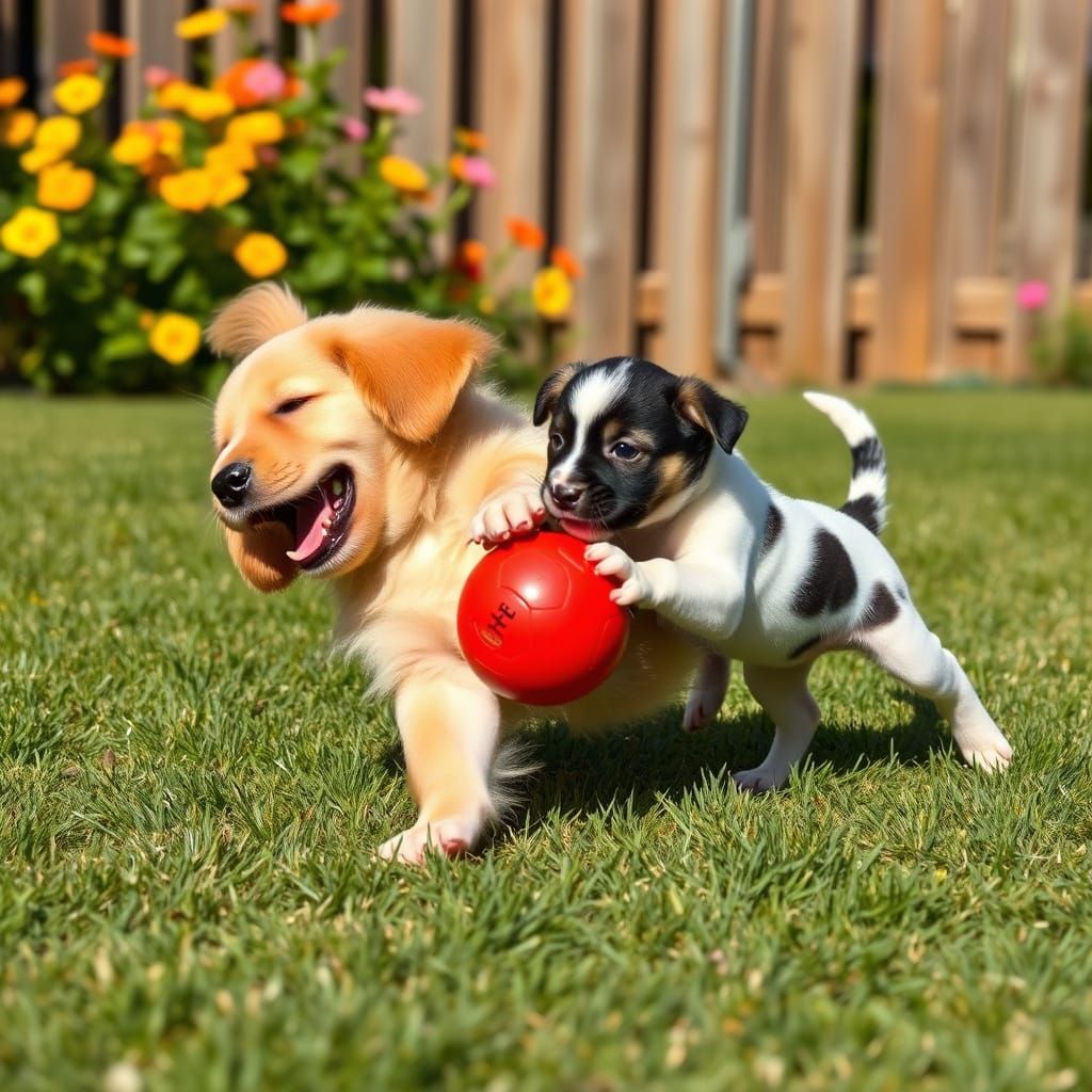 Fluffy Puppies Play in Sunny Backyard