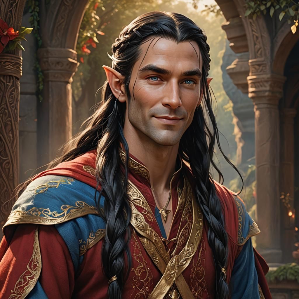 A young tall elven male with very long  black hair,  which h...