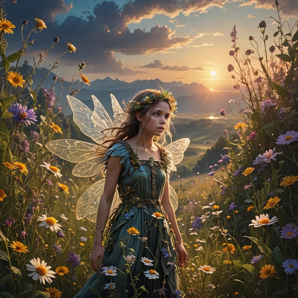 Light Fairy Among Wildflowers at Sunrise
