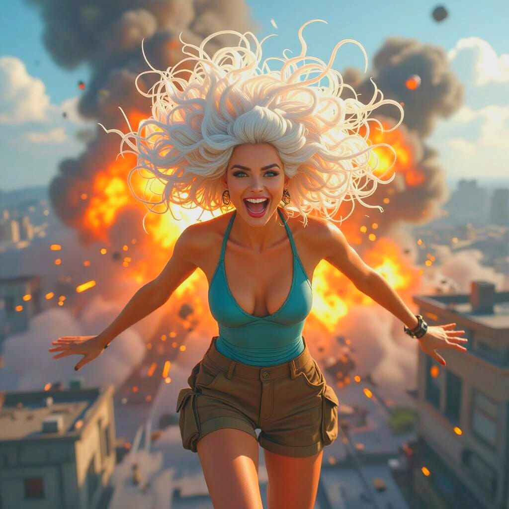 Jellyfish Hair Woman Escaping Exploding Building