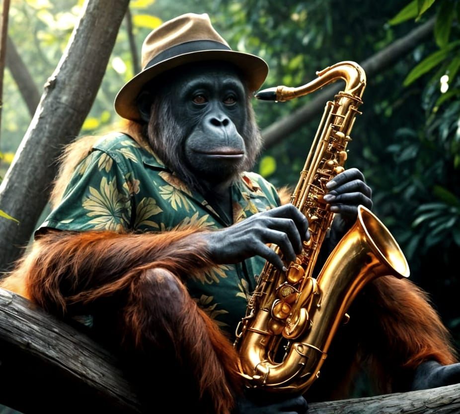 Orangutan Plays Saxophone in Rainforest: Ultra Realistic