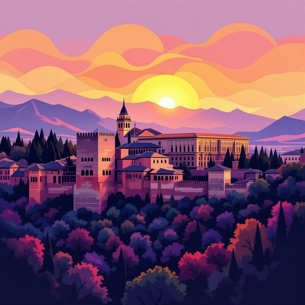Alhambra City at Dawn in Abstract Vector Fractal Style