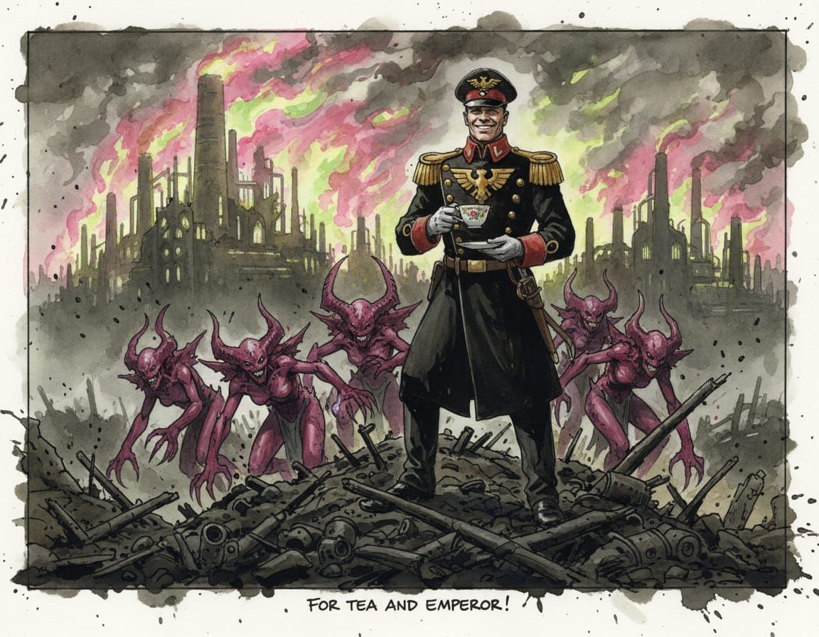 Imperial Commissar Faces Daemonettes in Fiery Ruins