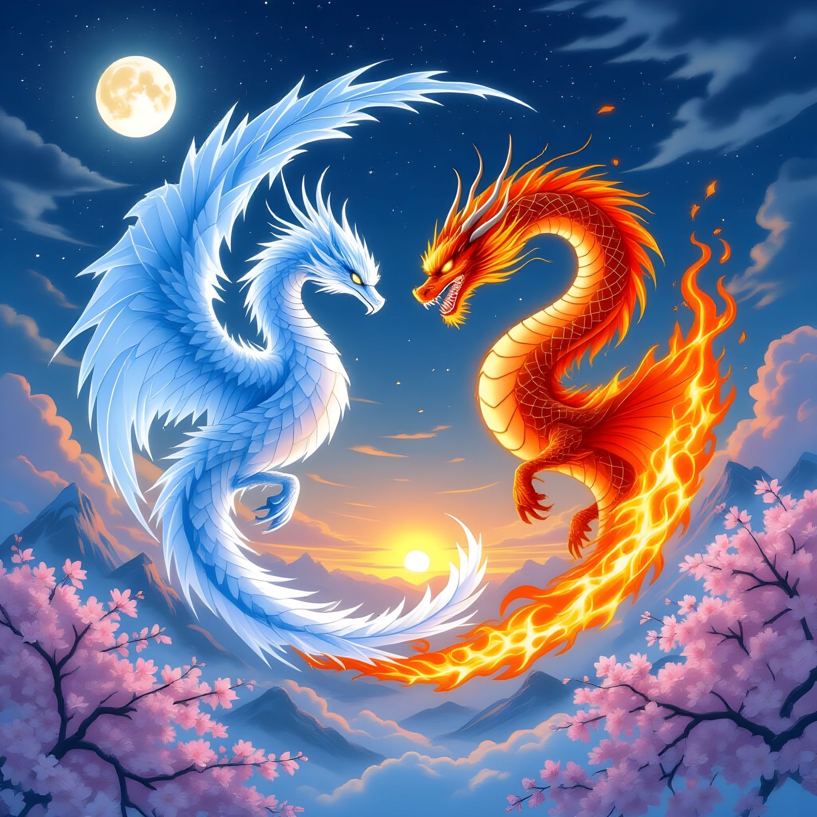 Yin Yang: Dragon and Phoenix in Ghibli Style