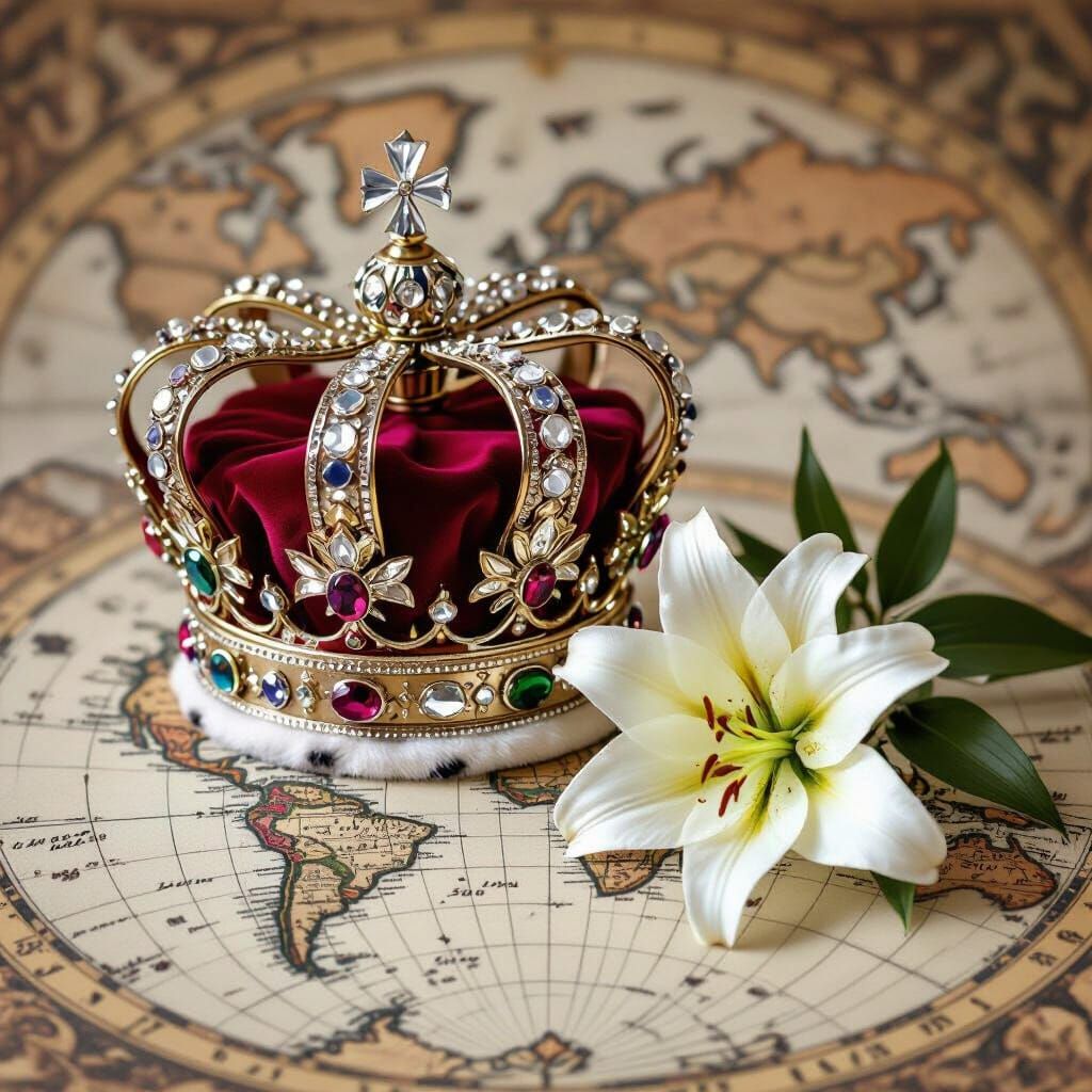 Crown and Lily on World Map: Classical Style Painting
