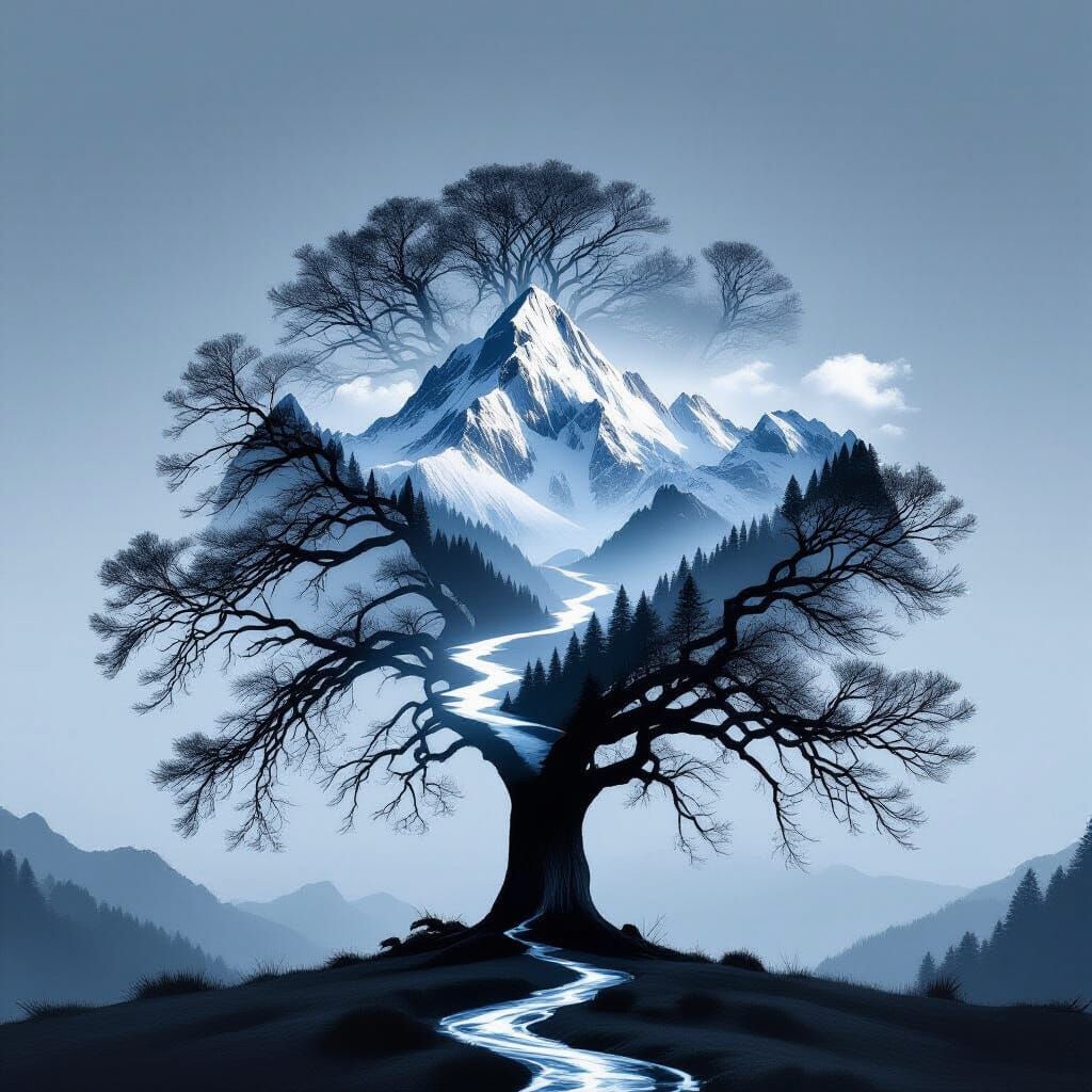 Double Exposure: Tree Silhouette Merging with Mountain Lands...