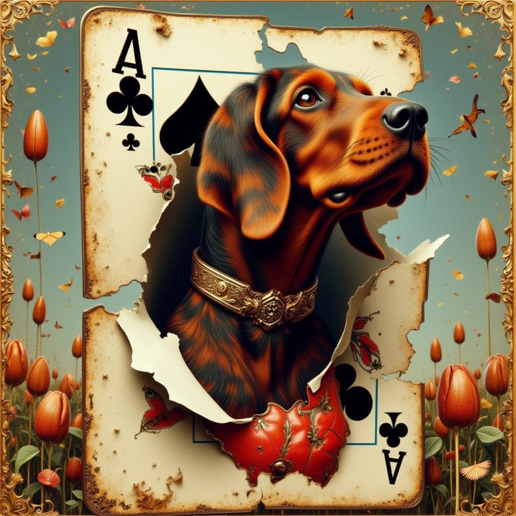 Bloodhound Dog Emerges from a Distorted Playing Card in Surr...
