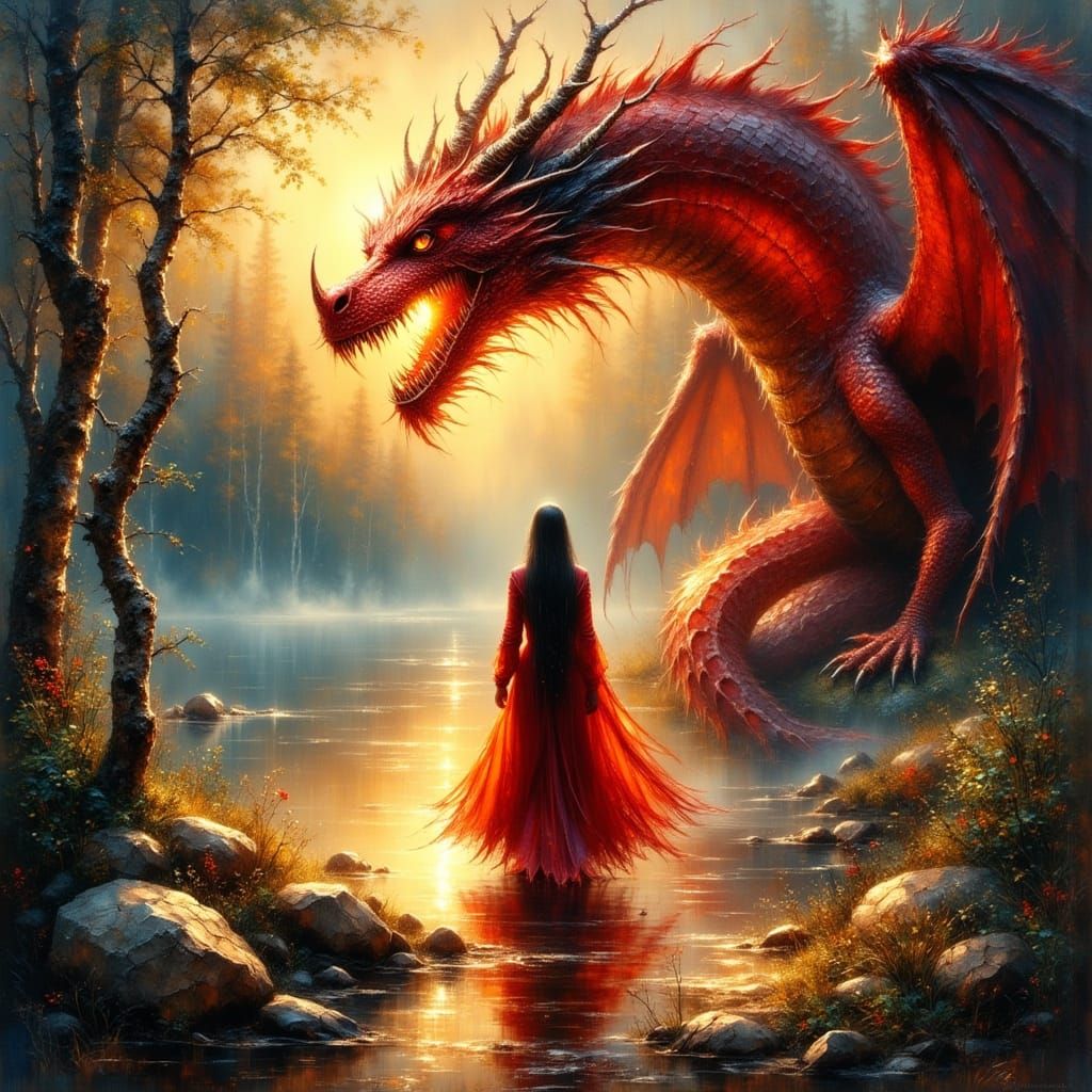 Queen Receives Power From Red Dragon By Mystical Lake