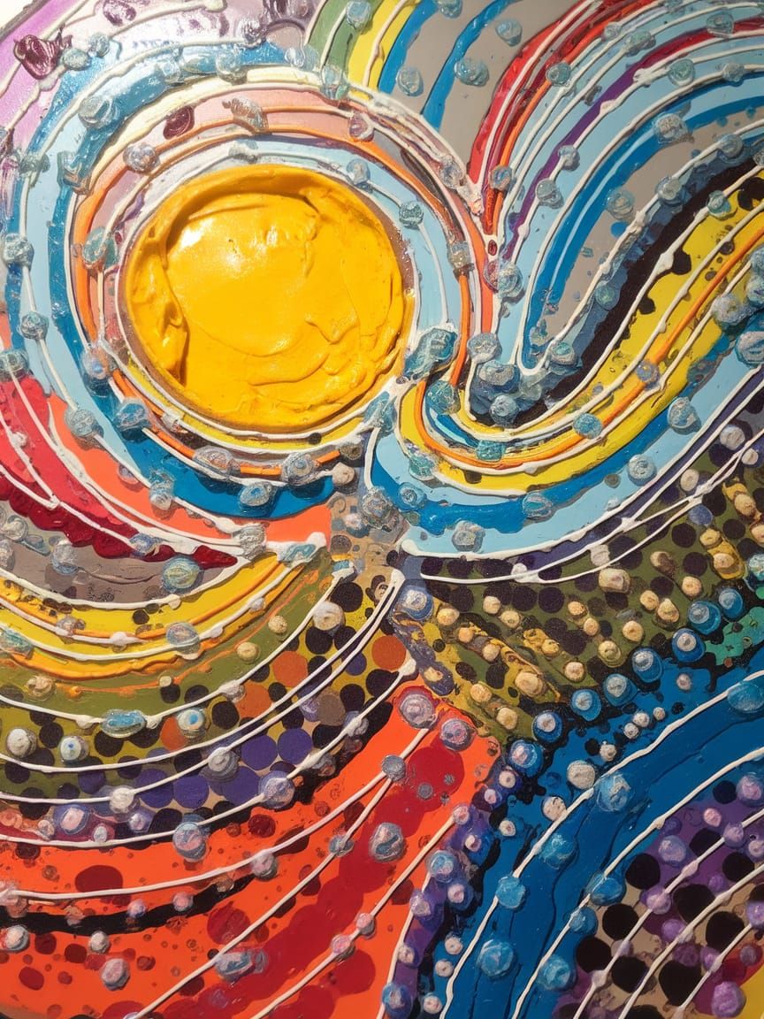 Vibrant Abstract Art with Multicolored Swirls and Yellow Orb