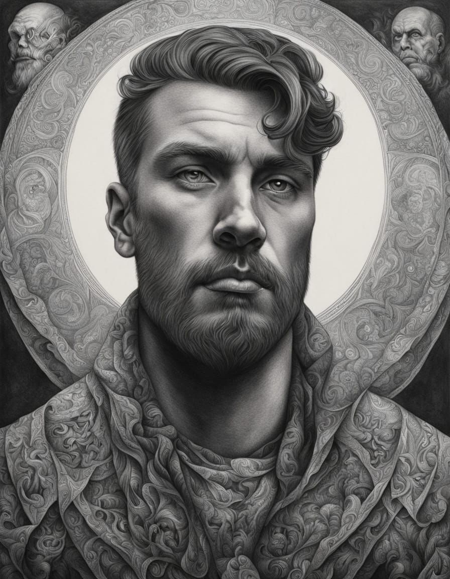 Mysterious Gay Man Portrait in Black and White Pencil