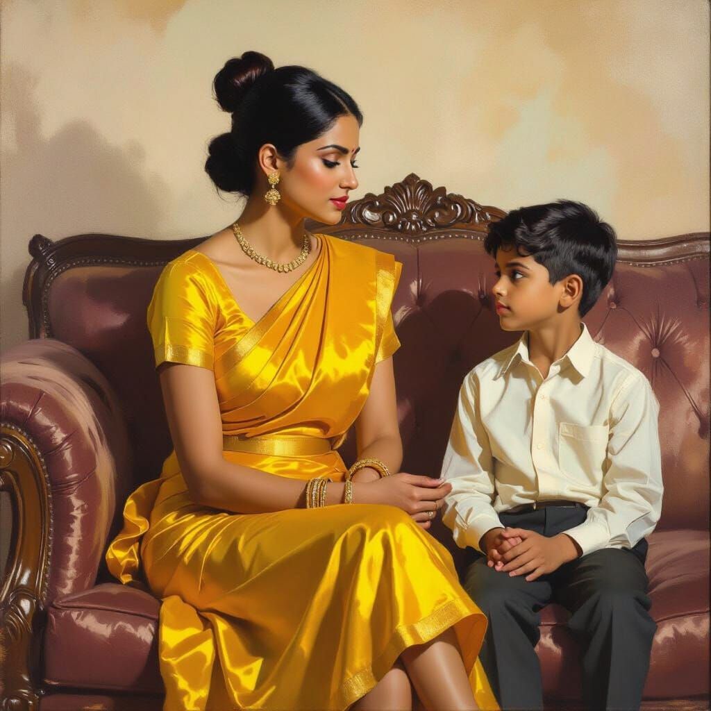 Indian Woman in Silk Talking to Nephew in Oil Painting Style