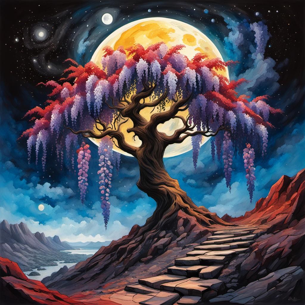 Wisteria Tree on Asteroid: Sinister Oil Painting